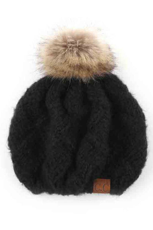 C.C Basket Weave Hand Knitted Beret Beanie-Black