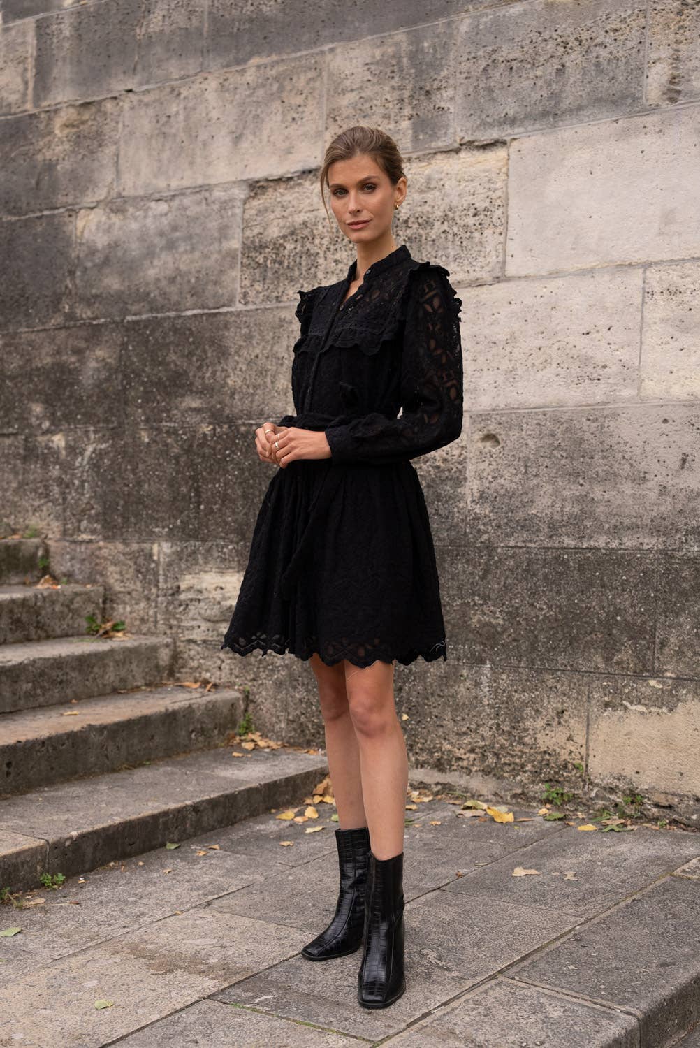 Lace Ruffle Detail Belted Dress