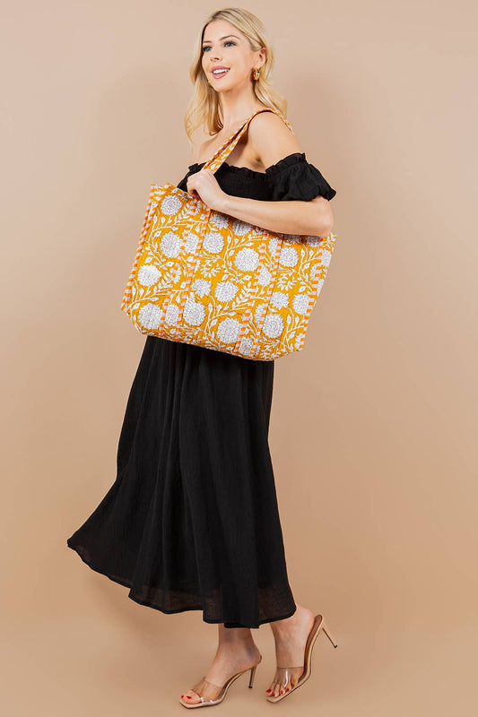 Quilted Tote Bag Yellow Floral